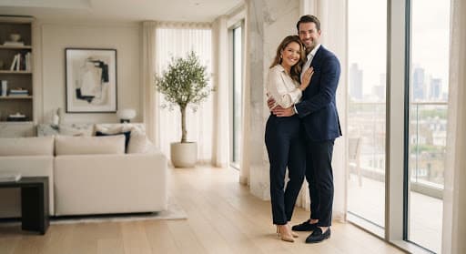 A professional couple in an elegant, sunlit modern apartment.