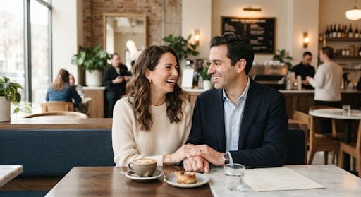 Sarah and Michael sitting together at an upscale cafe, smiling at each other.
